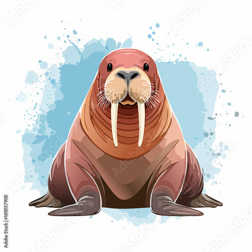 Charming cartoon walrus illustration with large tusks, whiskers, and wrinkled skin, sitting and facing forward.