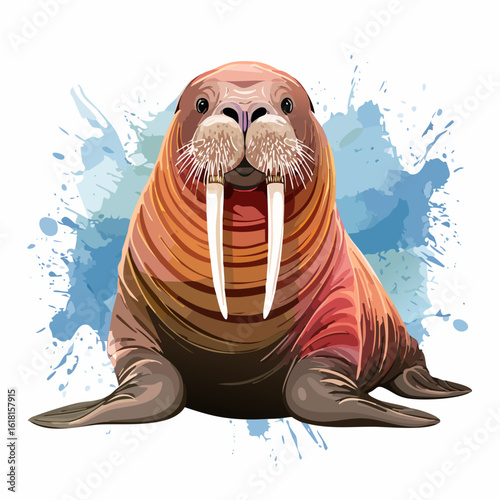 Colorful vector art of a sitting walrus with a thick mustache and large ivory tusks.