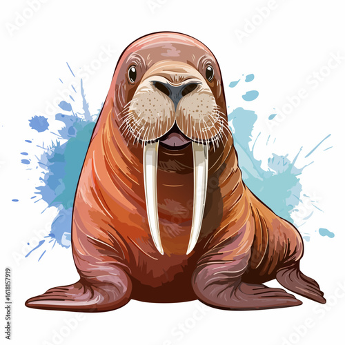 Friendly cartoon walrus with long white tusks and wrinkled brown skin, sitting forward.