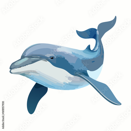 Painterly illustration of a friendly blue bottlenose dolphin swimming gracefully.