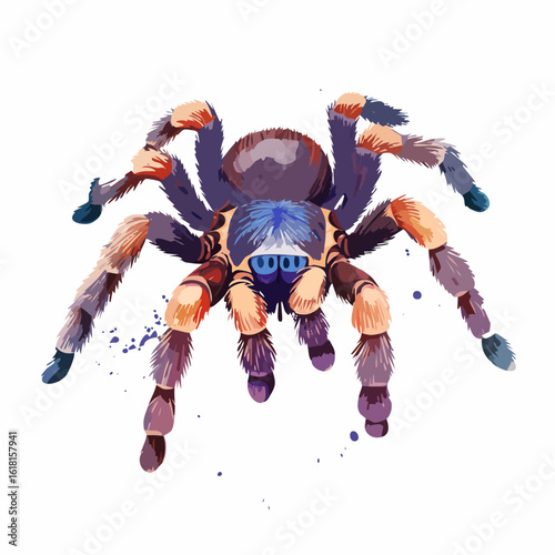 Vibrant watercolor tarantula with hairy legs and striking blue eyes in an artistic style.