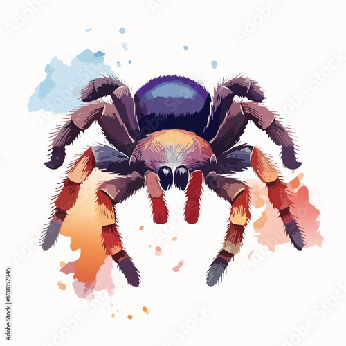 Vibrant watercolor illustration of a colorful, hairy tarantula spider with a purple abdomen and orange legs.