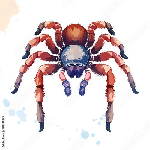 Vibrant tarantula illustration with hairy red legs and a metallic blue cephalothorax in a symmetrical stance.