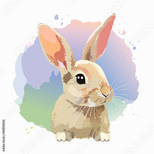 Charming watercolor portrait of a cute beige rabbit with long pink ears and big black eyes.