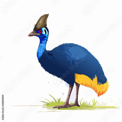 Colorful cassowary illustration with a vibrant blue neck, brown casque, and yellow tail feathers.