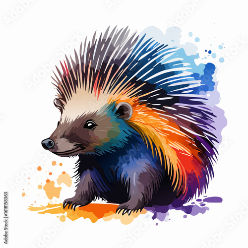 Vibrant watercolor hedgehog with rainbow-colored quills and artistic splatters.