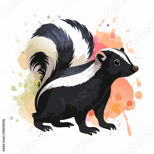Stylized illustration of a friendly skunk with a large, bushy black and white tail.