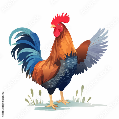 Proud rooster with colorful plumage, red comb, and vibrant blue tail feathers, illustrated in a painterly style.