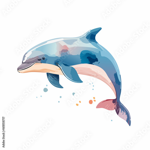 Artistic watercolor illustration of a smiling blue dolphin in a dynamic leaping pose.
