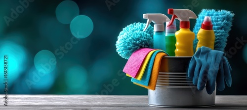 Wallpaper Mural Cleaning supplies in metal bucket on turquoise background Torontodigital.ca