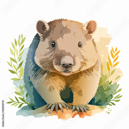 Stylized watercolor portrait of a friendly Australian wombat with leafy accents.