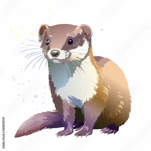 Charming illustration of a sitting weasel with soft brown and white fur and an attentive gaze.