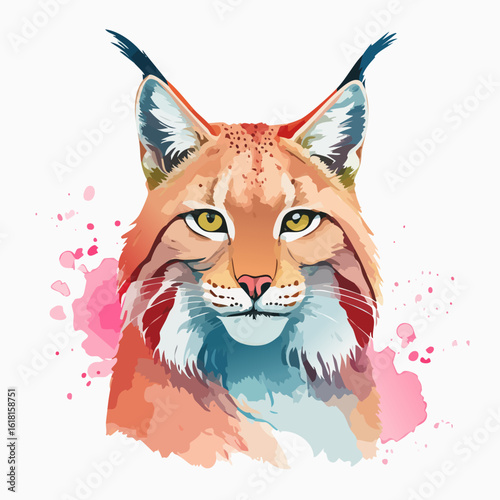 Vibrant watercolor portrait of a lynx head with tufted ears and intense yellow eyes.