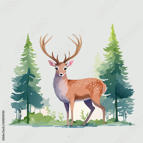 Majestic watercolor stag with large antlers and white spots, looking forward.
