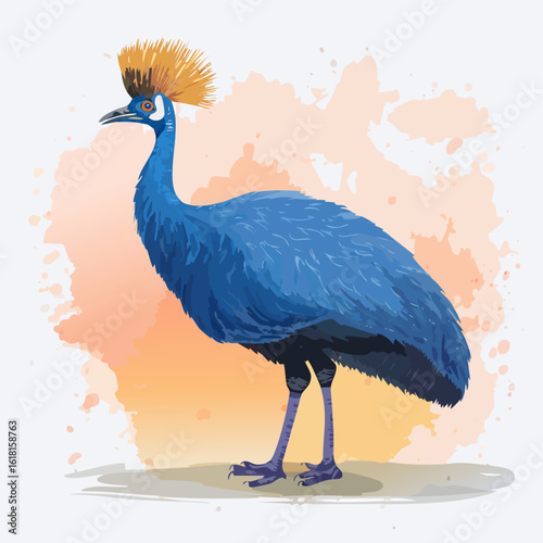 Majestic blue Western Crowned Pigeon with a fan-like golden crest. Stylized vector illustration of an exotic bird.
