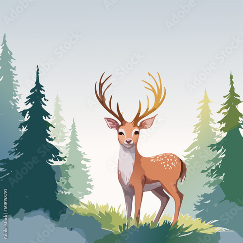 Graceful spotted stag with large antlers, illustrated in a charming, modern vector style.
