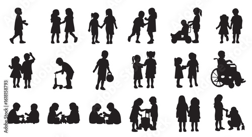 Diverse Group of Children Silhouettes Playing and Interacting Various Activities and Abilities Representing Childhood and Inclusion