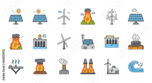 Diverse Energy Sources Illustrated Icons for Renewable and Traditional Power Generation