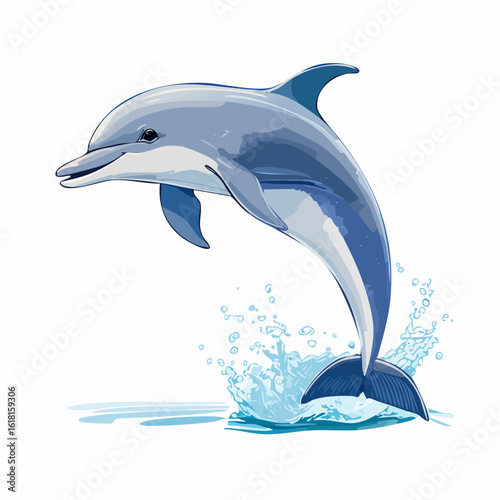 Cheerful blue bottlenose dolphin illustration, leaping gracefully from a dynamic water splash with a happy smile.
