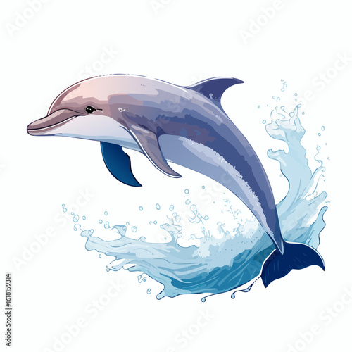 A graceful, stylized dolphin in shades of blue and grey, leaping joyfully from a dynamic water splash.