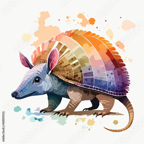 Stylized watercolor armadillo with a vibrant, rainbow-hued carapace and artistic paint splatters.