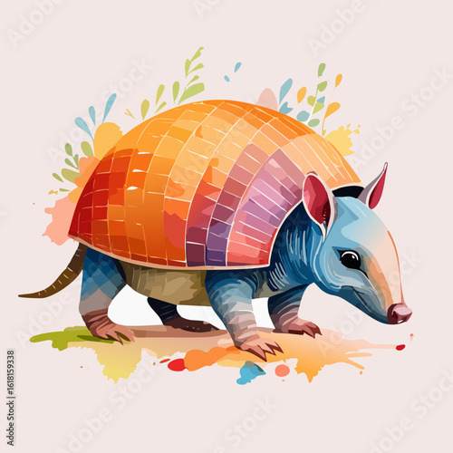 Vibrant watercolor armadillo with a colorful, segmented rainbow shell and artistic splashes.