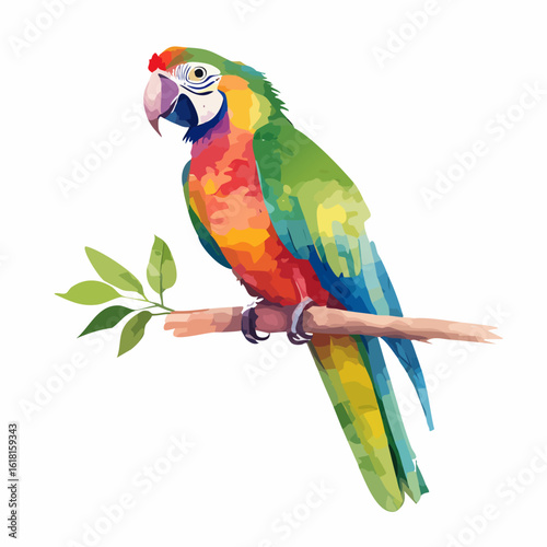 A vibrant, multi-colored macaw parrot with stylized plumage, perched on a simple branch with green leaves.