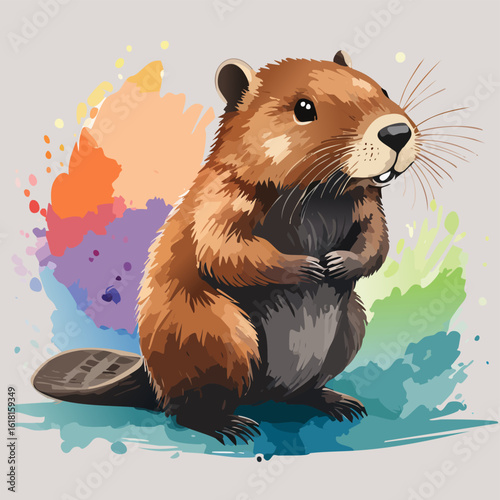 Adorable cartoon beaver with brown fur and buck teeth, standing upright with a cheerful expression.