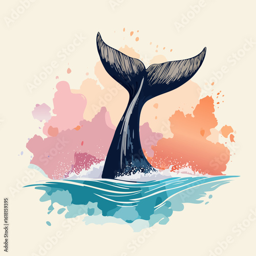 Majestic whale tail fluke with line art details, splashing in stylized ocean waves against a colorful sunset.