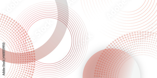 Abstract white background with red circle rings. Spiral sound wave rhythm line and dots dynamic abstract background. Geometric website landing page or banner template modern style vector illustration