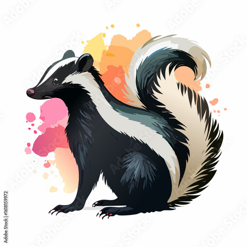 Artistic illustration of a sitting striped skunk with a large, fluffy black and white tail.