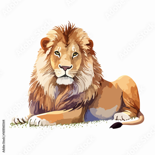 Watercolor style illustration of a majestic male lion with a golden mane, resting calmly and looking forward.