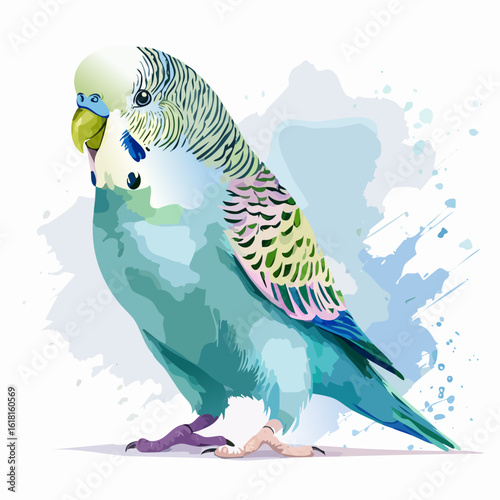A vibrant watercolor illustration of a blue male budgerigar with a striped head and colorful wings.