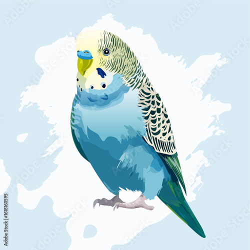 Stylized vector illustration of a standing blue male budgerigar with a striped yellow head and scalloped wings.