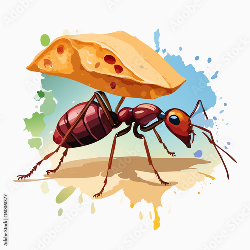 Strong red ant with a shiny exoskeleton carrying a large piece of yellow cheese.