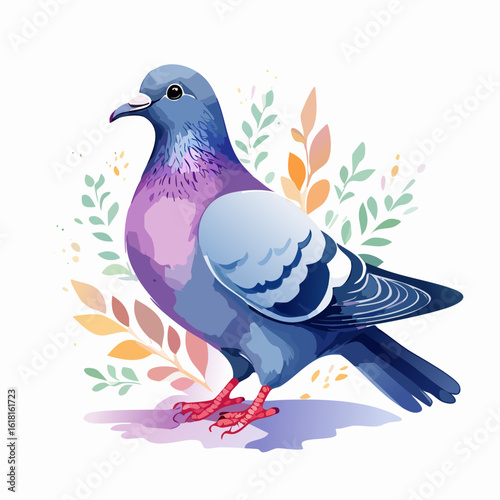 Stylized watercolor illustration of a pigeon with vibrant purple and blue iridescent feathers.