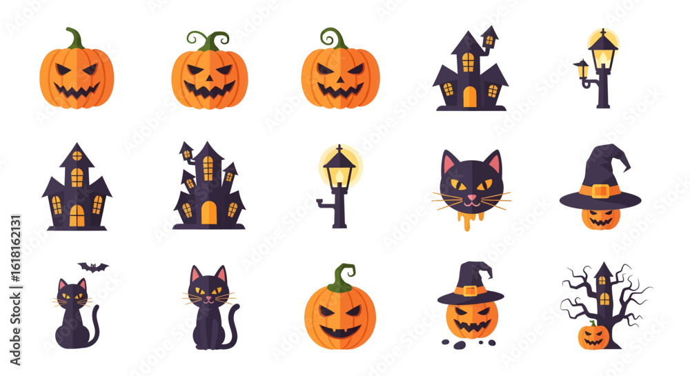 Fototapeta premium Spooky Halloween Vector Icons Set Flat Design Elements Including Jack-o'-Lanterns, Haunted Houses, Black Cats, Witch Hats, and Lanterns for Festive Holiday Projects