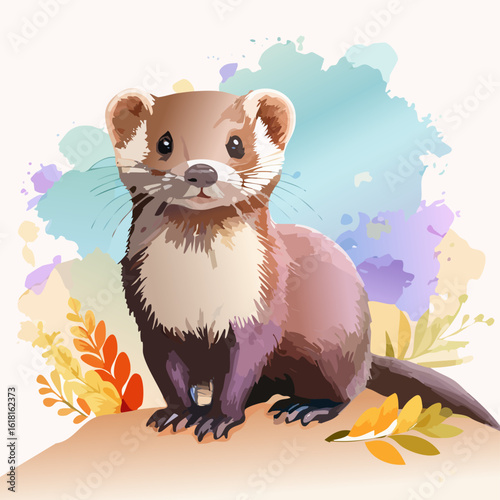 Adorable watercolor ferret with big eyes and brown fur, sitting in a charming, stylized pose.