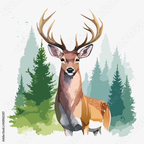 Majestic brown stag with large antlers, illustrated in a beautiful watercolor style.