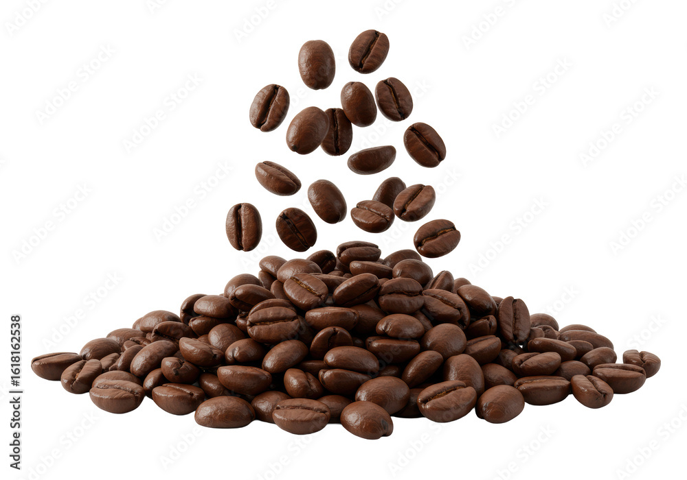 Naklejka premium Numerous freshly roasted coffee beans, oily, textured, dynamic fall and pile, on a pristine transparent studio background with ample negative space, bright shadowless lighting. Concept for high-end
