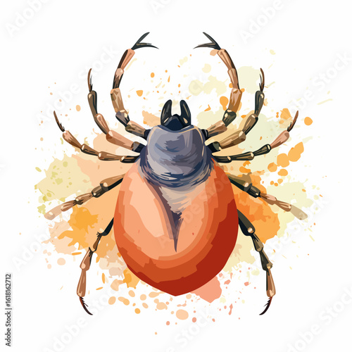 Stylized illustration of a parasitic tick with a reddish-orange body and dark grey scutum.