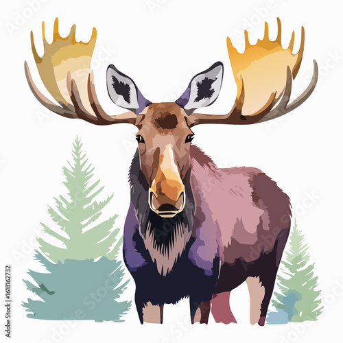 Majestic bull moose with large golden antlers, illustrated in a modern vector style.