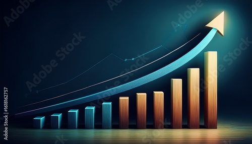 bar graph with upward trending arrow showing positive growth on a dark blue background