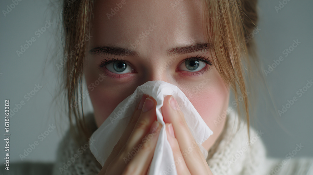 A young woman sneezing with a cold, holding a tissue to her nose, isolated on a pure white background. A young woman sneezing with a cold, holding a tissue to her nose, isolated on a pure white background.