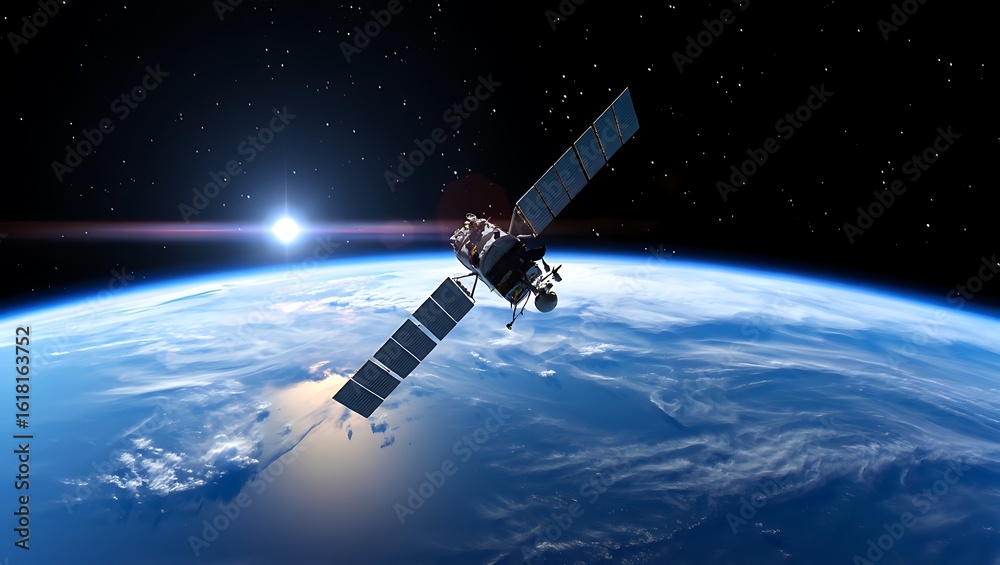 Obraz premium Satellite orbiting Earth with solar panels deployed showcasing technological marvel and advancements in space exploration and communication systems