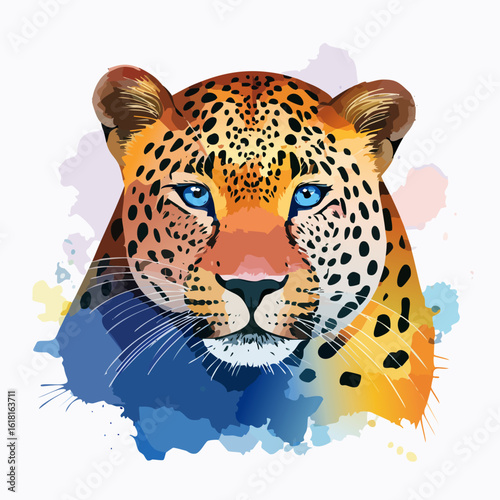 Colorful watercolor leopard face with intense blue eyes and abstract paint splashes.