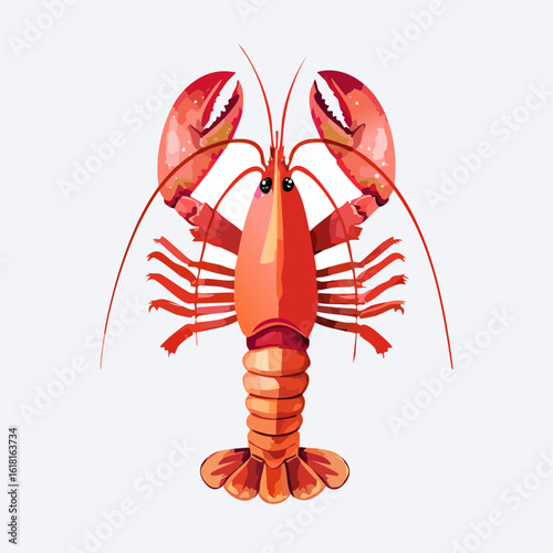 Vibrant red cartoon lobster with large open claws and long antennae, depicted in a symmetrical, stylized vector art style.