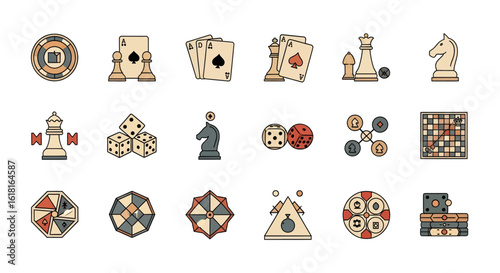 Collection of Flat Icons Representing Various Tabletop Games and Pastimes