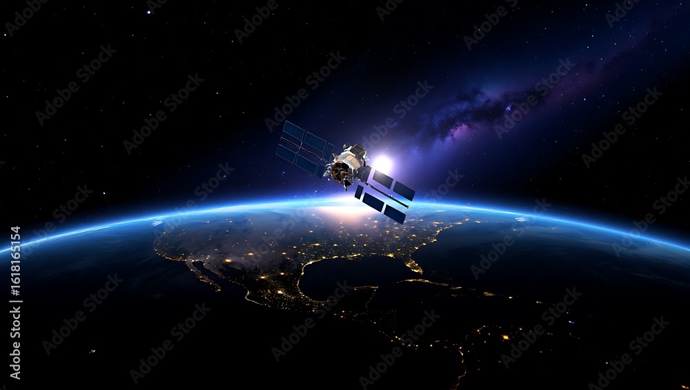 Naklejka premium Satellite orbiting Earth with sunrise and city lights providing global communication and surveillance for a connected world highlighting technological advancement