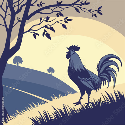 Rooster standing on grassy hill at sunrise farm landscape rural countryside silhouette morning scene outdoors nature background